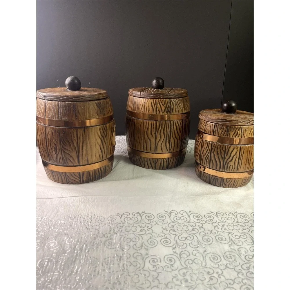 1960's Set of 3 MCM Treasure Craft Ceramic Canister Barrel Flour Sugar Tea